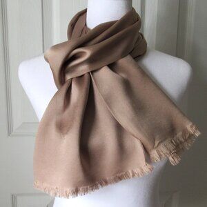 HONEY 100% Silk SCARF Fringe Taupe Made in Japan Feels like Velvet Brown Tan